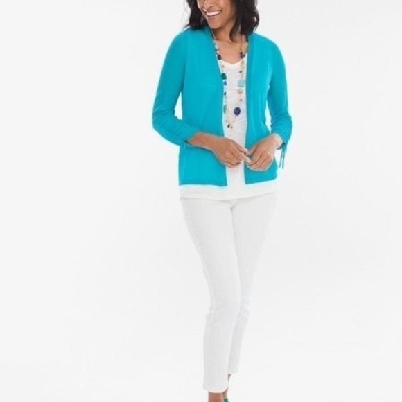 Chico's Blue Ruched Sleeve Open Cardigan small (0) - Picture 8 of 8